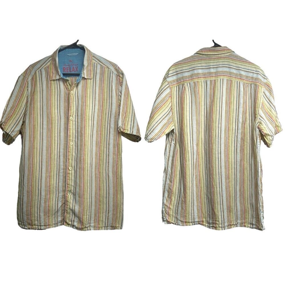 TOMMY‎ BAHAMA Men Button Front Short Sleeve Striped Linen Shirt Sz L Multicolor
